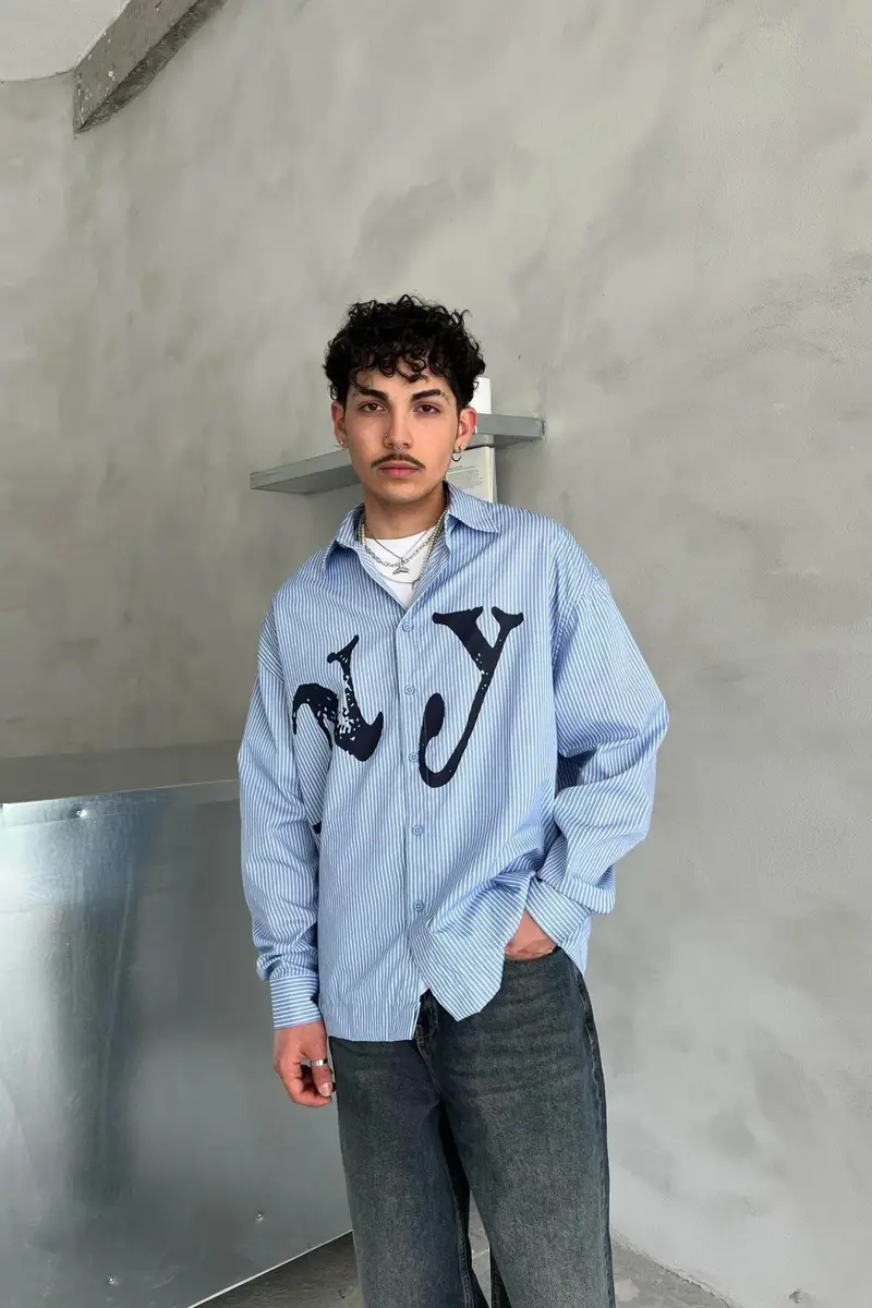 NY blue shirt with white stripes shirt
