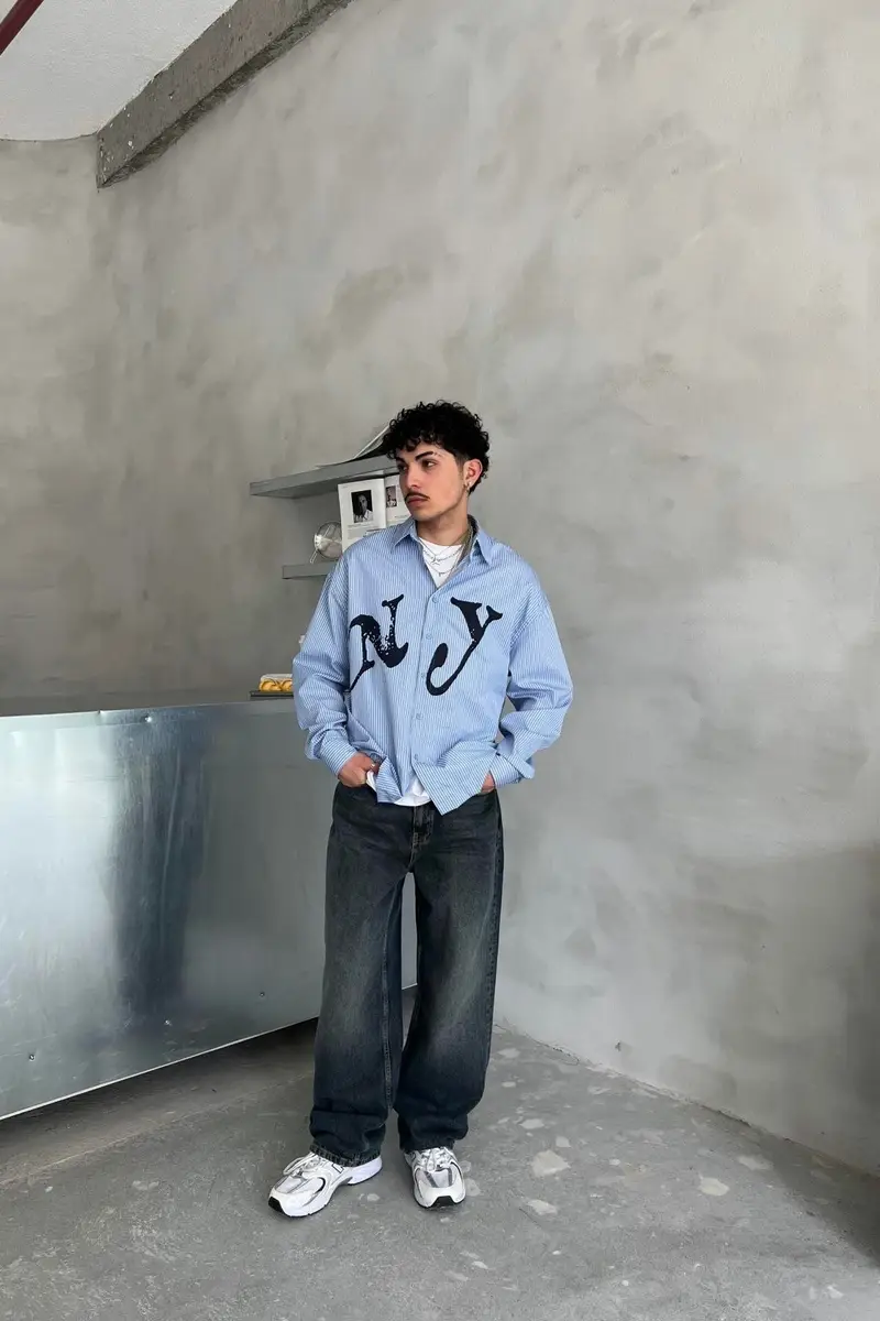 NY blue shirt with white stripes shirt