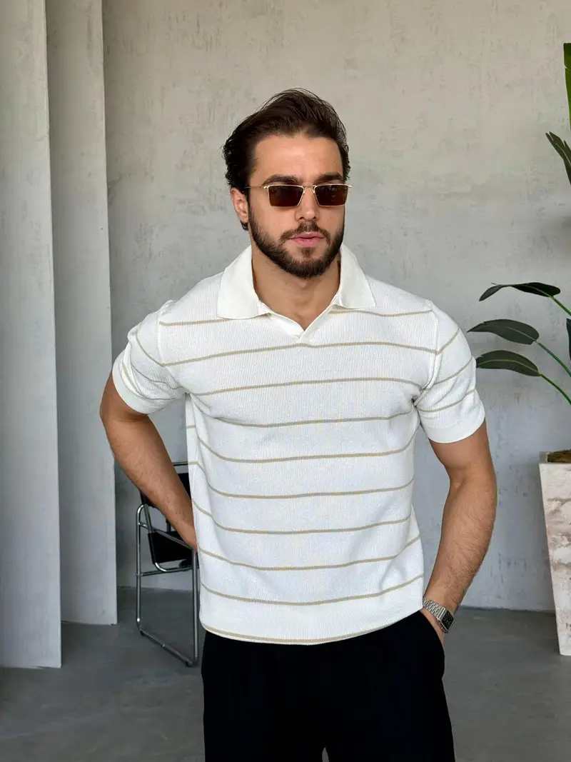 striped knit polo collar