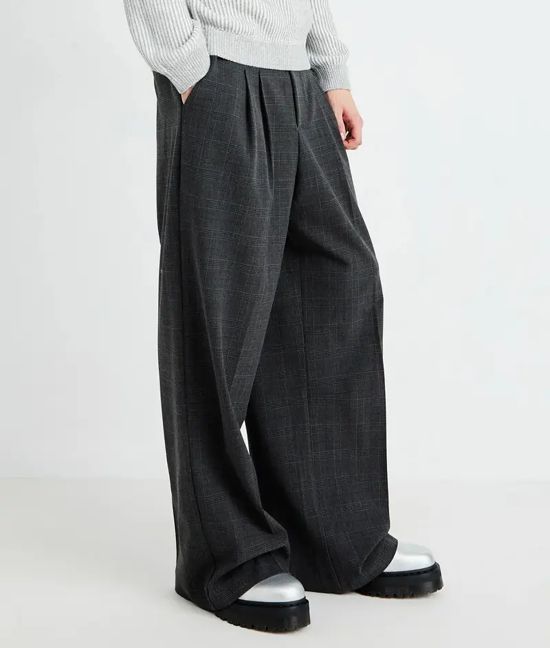 Plaid Pleated Wide Trousers Dark Grey (Unisex)