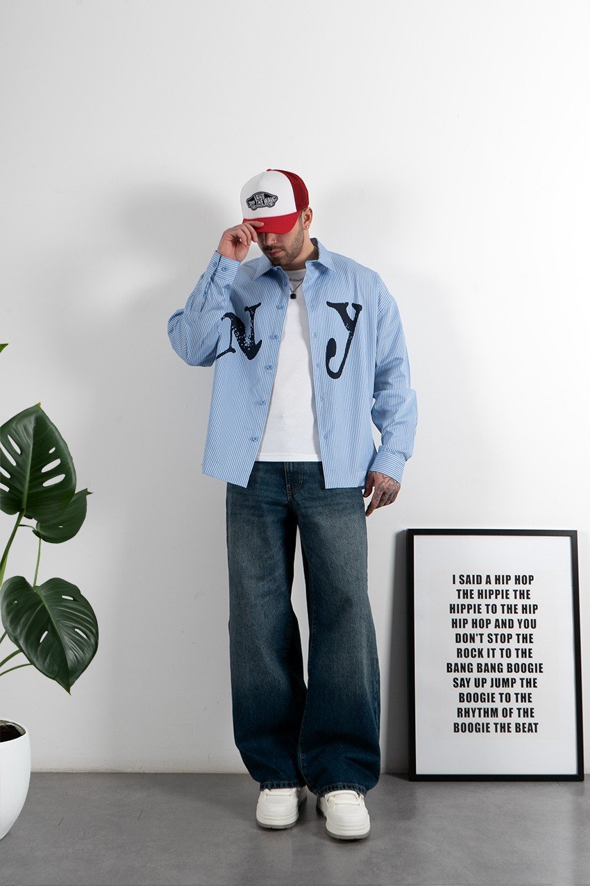 NY blue shirt with white stripes