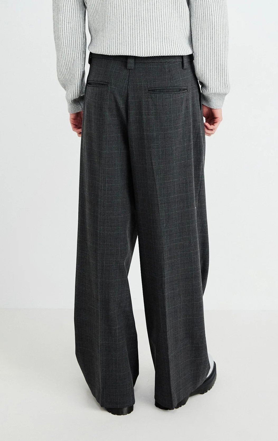Plaid Pleated Wide Trousers Dark Grey (Unisex)