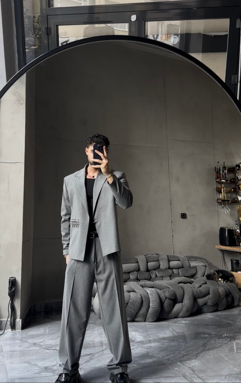 SPECIAL DESIGN OVERSIZE SIDE HOOK DETAILED SUIT GRAY